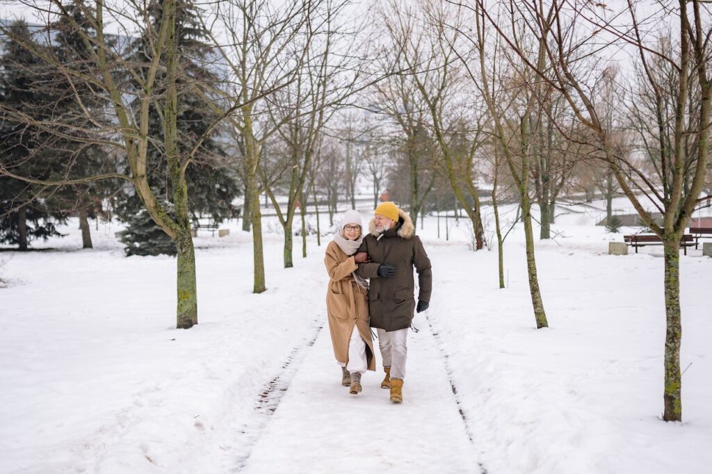 retired couple walking